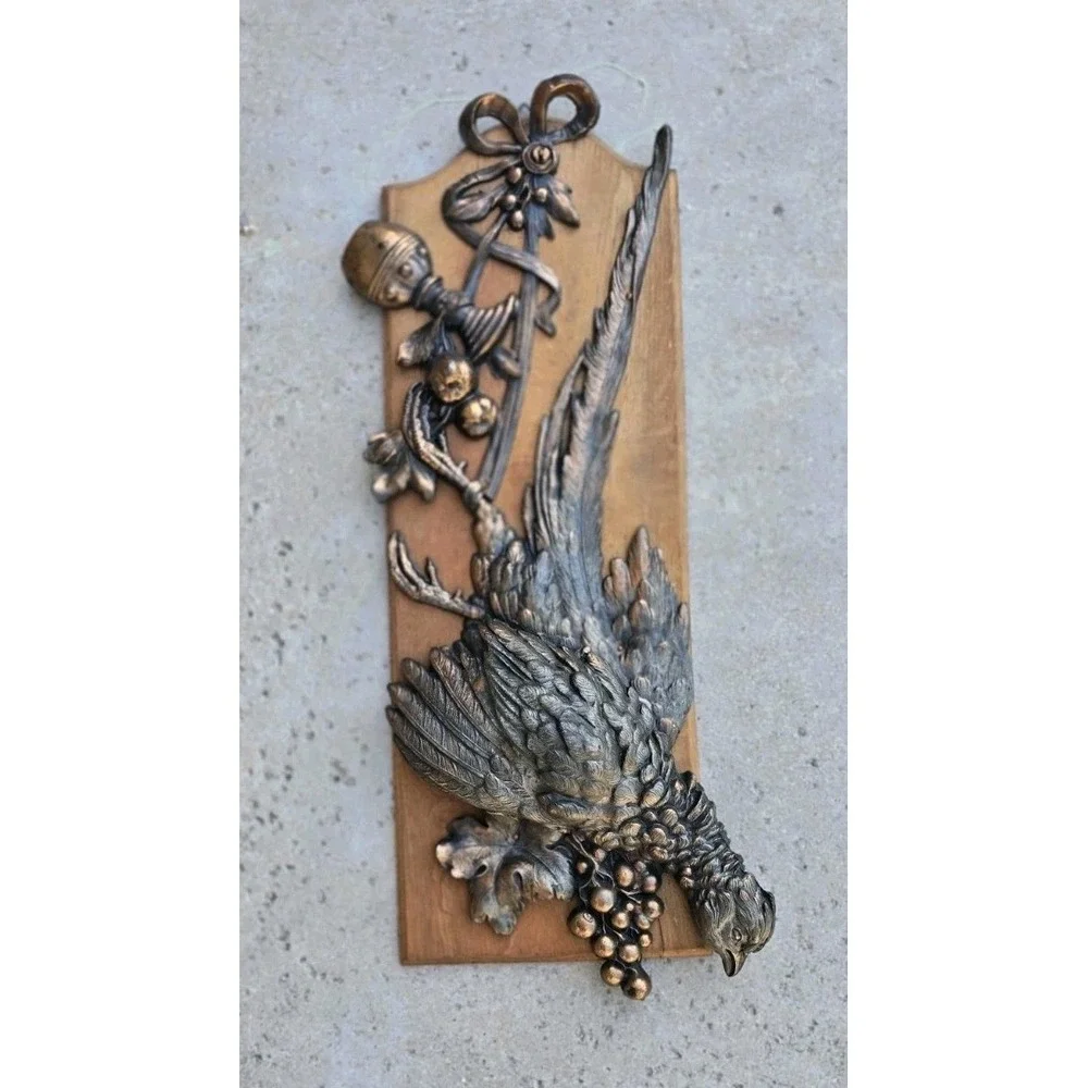 Vtg German cast metal still life hunting pheasant wall decor wood cabin core